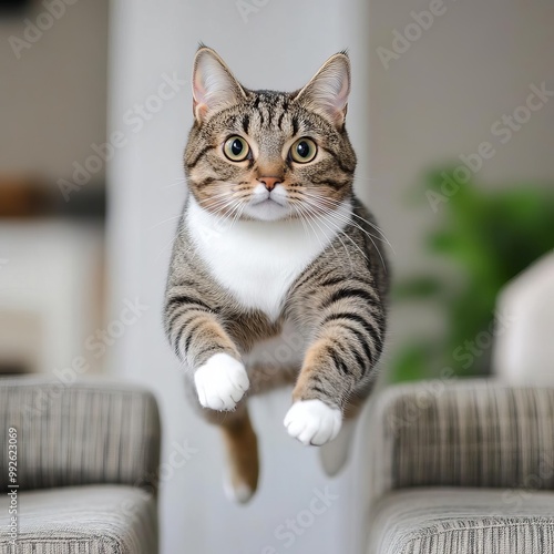 Cat gracefully jumping between two pieces of furniture, feline agility, sleek, elegant