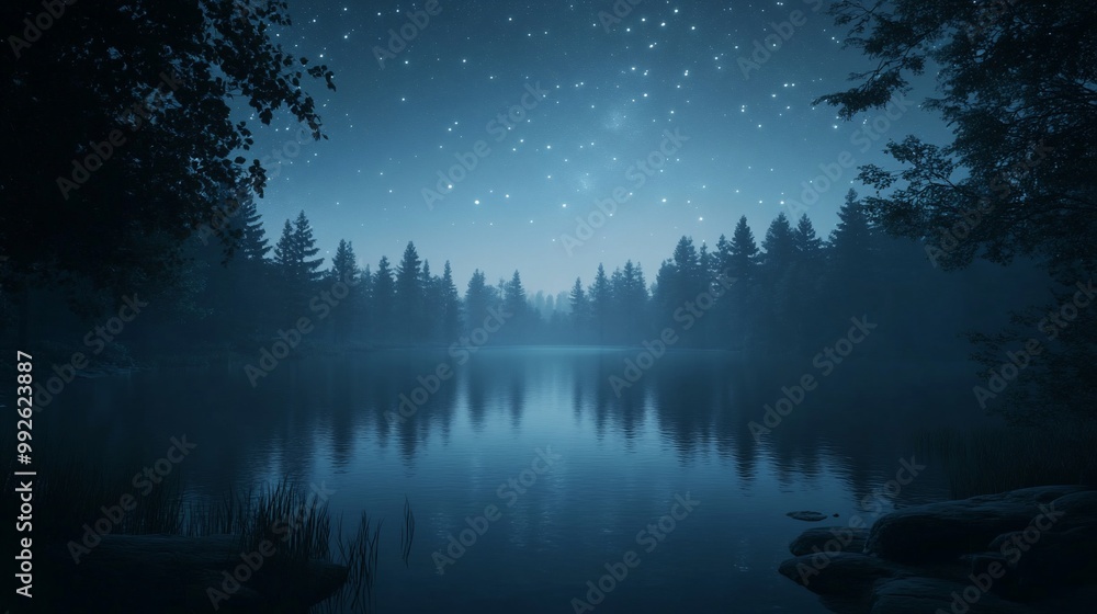 A serene night scene of a still lake reflecting a starry sky with a dense forest backdrop. A serene night scene of a still lake reflecting a starry sky with a dense forest backdrop.