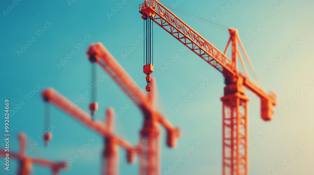 Industrial cranes trying to lift a heavy trade barrier, 3D illustration Industrial cranes trying to lift a heavy trade barrier, 3D illustration