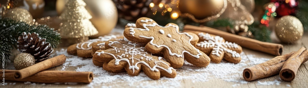 Flour-dusted table filled with gingerbread cookies, cinnamon sticks, and holiday decorations, Christmas baking details, cozy festive setup Flour-dusted table filled with gingerbread cookies, cinnamon sticks, and holiday decorations, Christmas baking details, cozy festive setup