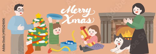 プレゼントを開ける子どもと家族のベクターイラスト