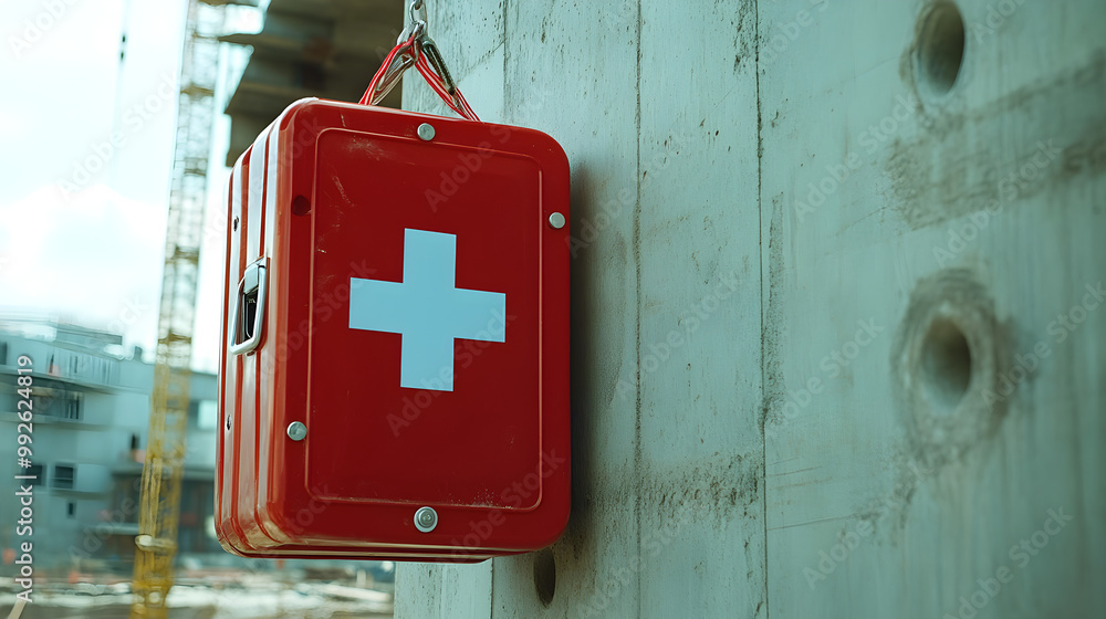 Close-up of a clearly marked first aid kit hanging on a wall or mounted ...