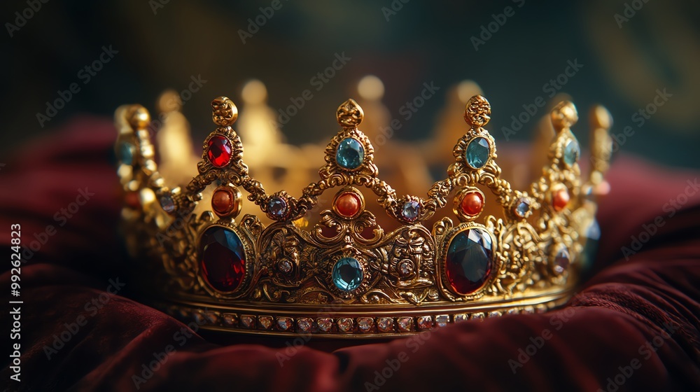A golden crown adorned with intricate gems, resting on a velvet pillow, golden crown, royalty and power A golden crown adorned with intricate gems, resting on a velvet pillow, golden crown, royalty and power