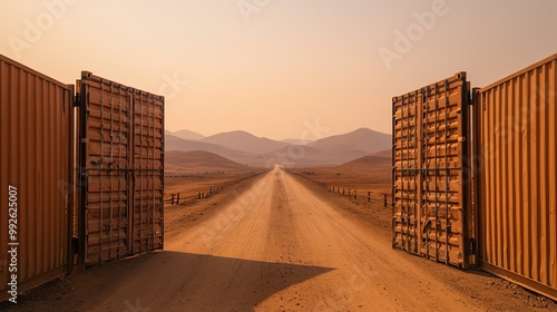 Heavy gates blocking a oncebusy trade road, empty trucks idling, dusty terrain, highnoon sun, distant hills, wide view photo