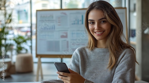 A young businesswoman sits at her desk in a modern office, smiling at her smartphone. Behind her, a whiteboard filled with charts and a large glass window reveals a bustling city.