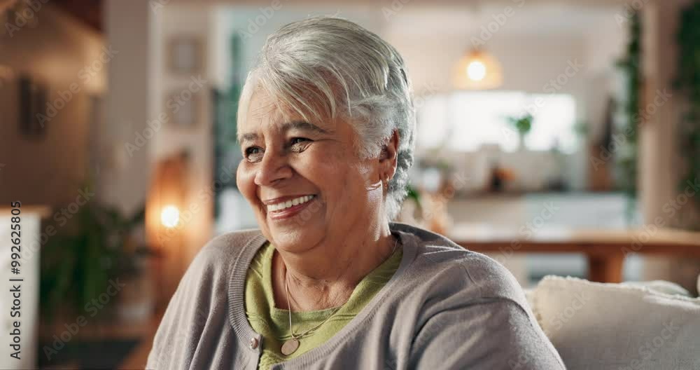 Senior woman, smile and watching tv on sofa, relax and streaming for show, subscription or comedy in home. Mature person, movies or series in living room on couch for retirement, happy and laughing Senior woman, smile and watching tv on sofa, relax and streaming for show, subscription or comedy in home. Mature person, movies or series in living room on couch for retirement, happy and laughing