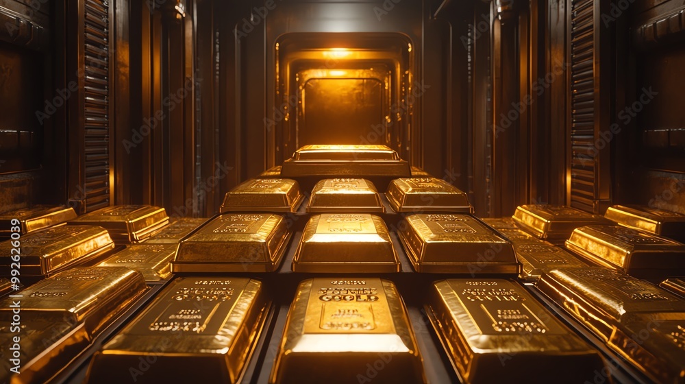 Gold bars being stacked in a vault, symbolizing financial security and wealth, gold vault, banking and security Gold bars being stacked in a vault, symbolizing financial security and wealth, gold vault, banking and security