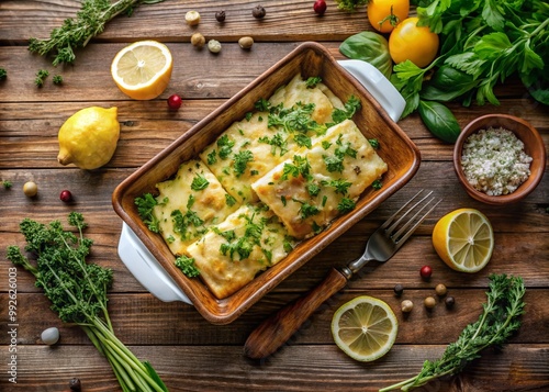 Delicious pastel de bacalhau served on a rustic wooden table with fresh herbs and lemon slices photo