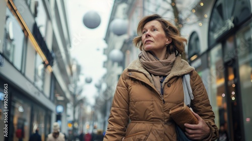 Middle aged woman walking in a shopping district