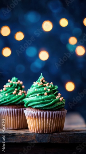 Christmas cupcakes with green frosting on a rustic wooden table, with a deep indigo background and glowing string lights, copy space, Merry Christmas background, festive dessert ad, holiday baking