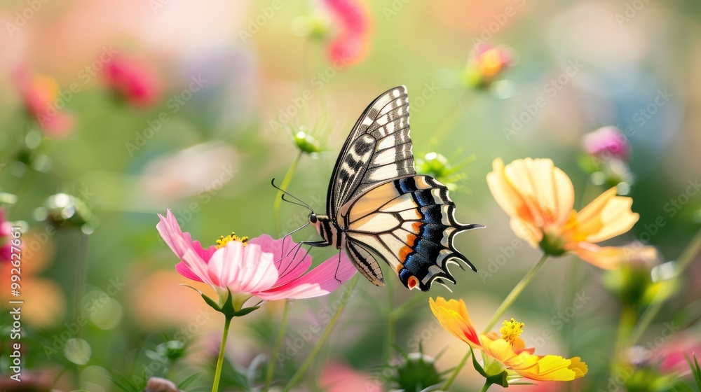 A butterfly landing on a spring flower A butterfly landing on a spring flower
