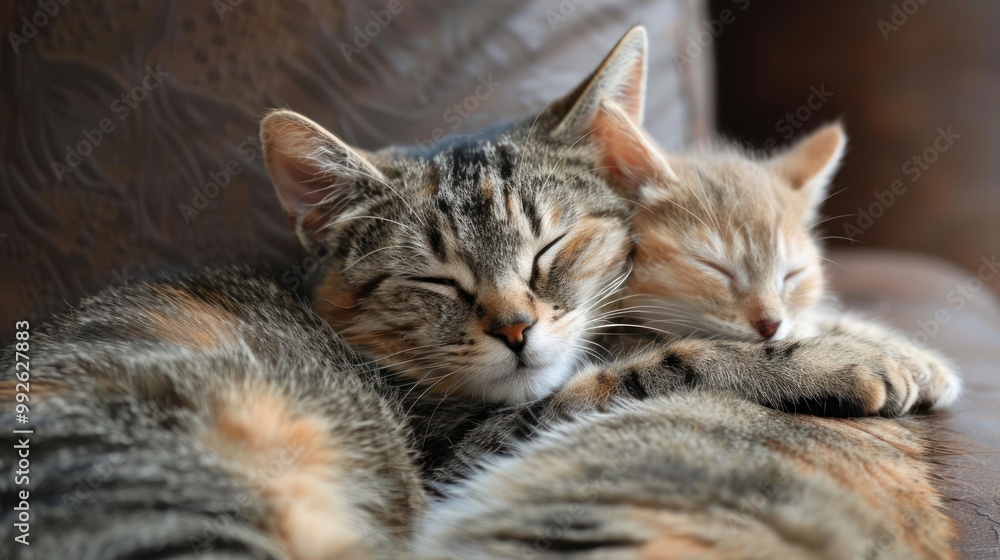 A cat and kitten snuggling up A cat and kitten snuggling up