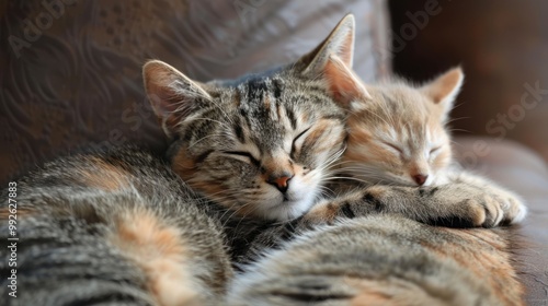 A cat and kitten snuggling up