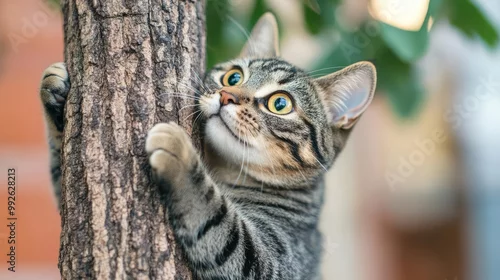 Fototapeta Cat playfully scratching at a tree trunk, nature play, wild, fun