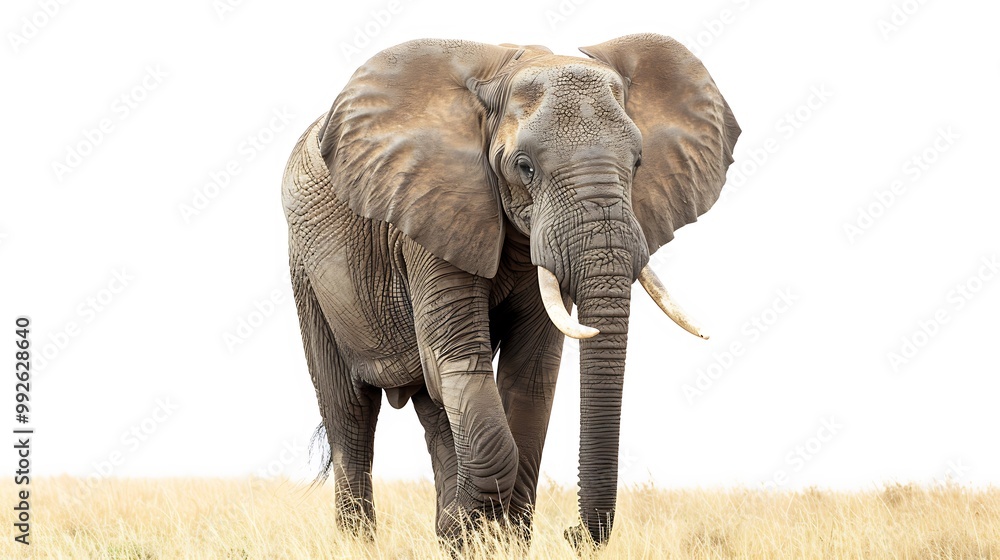 Fototapeta premium A majestic elephant walking through the savannah its large ears and trunk highlighted against a clean white background showcasing its grandeur