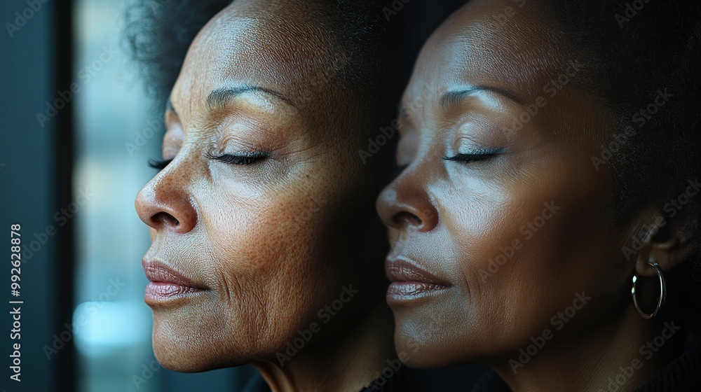 Two women with closed eyes, reflecting serenity and introspection. Two women with closed eyes, reflecting serenity and introspection.