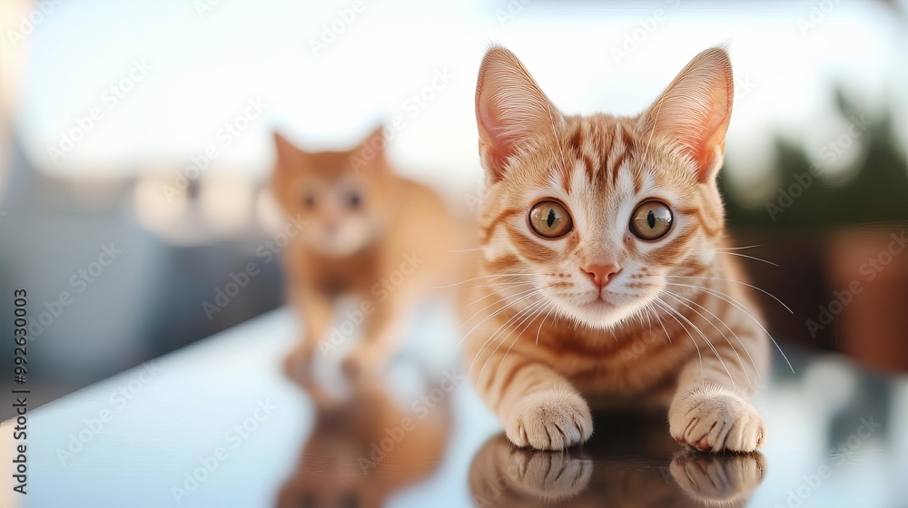 Cat sliding across a polished table, playful glide, smooth, funny Cat sliding across a polished table, playful glide, smooth, funny
