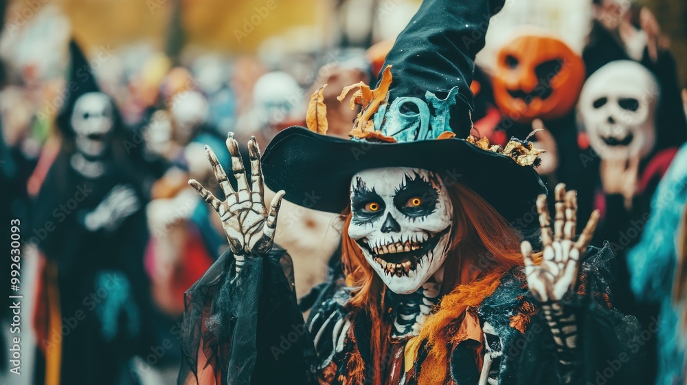 A Halloween costume parade with people dressed as scary but fun characters like zombies, witches, and skeletons, waving and smiling. A Halloween costume parade with people dressed as scary but fun characters like zombies, witches, and skeletons, waving and smiling.