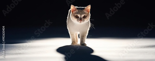 Cat stalking a shadow in moonlight, nighttime play, elegant, mysterious photo