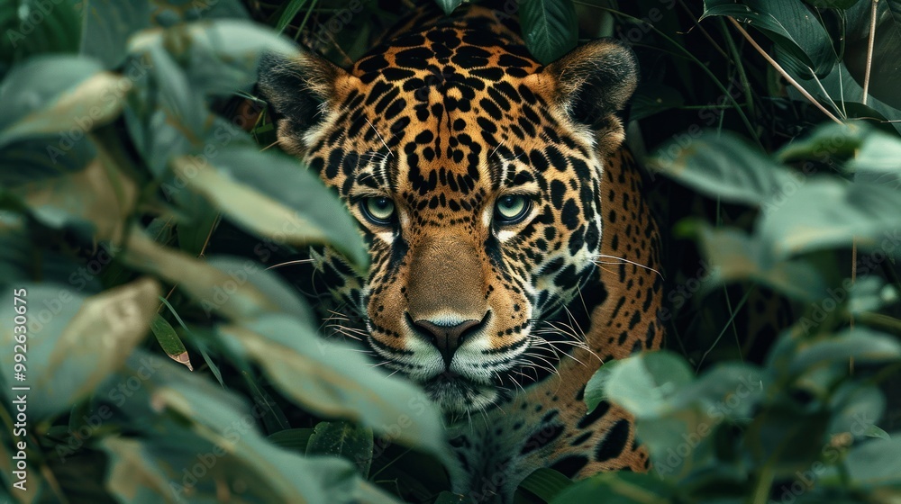 A jaguar prowling through the dense foliage A jaguar prowling through the dense foliage