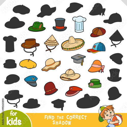 Find the correct shadow, education game for kids, set of cartoon hats