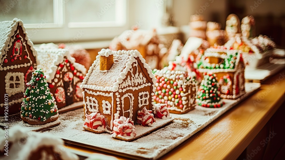 Festive gingerbread houses decorated for the holidays. Festive gingerbread houses decorated for the holidays.