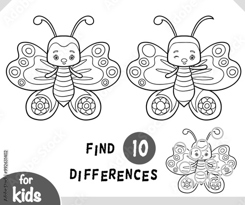 Cute cartoon Butterfly insect, Find differences educational game for kids