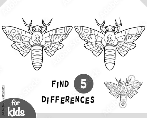 Cute cartoon Deaths head hawkmoth insect, Find differences educational game for kids