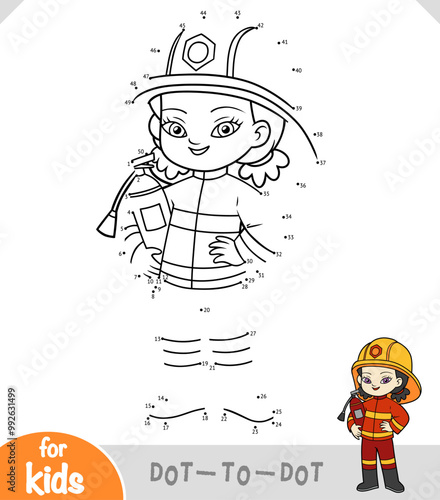 Numbers game, education dot to dot game for kids, Firefighter cute cartoon girl and extinguisher