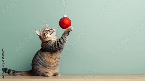Cat swatting at a hanging bauble, holiday play, festive, fun