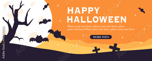 Halloween cemetery and graves with bat vector illustration landscape background. Halloween holiday party with midnight moon for advertisement, sale banner and poster template