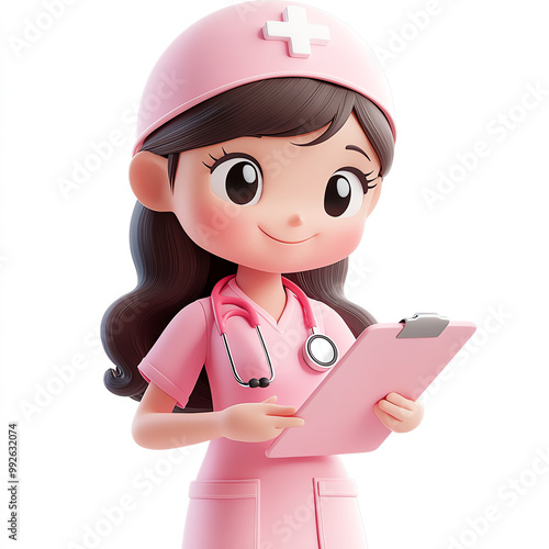 3D illustration of a cartoon nurse in pink uniform holding a clipboard and smiling, conveying healthcare and medical professionalism.
