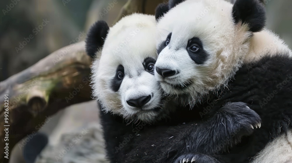 A pair of pandas hugging each other A pair of pandas hugging each other