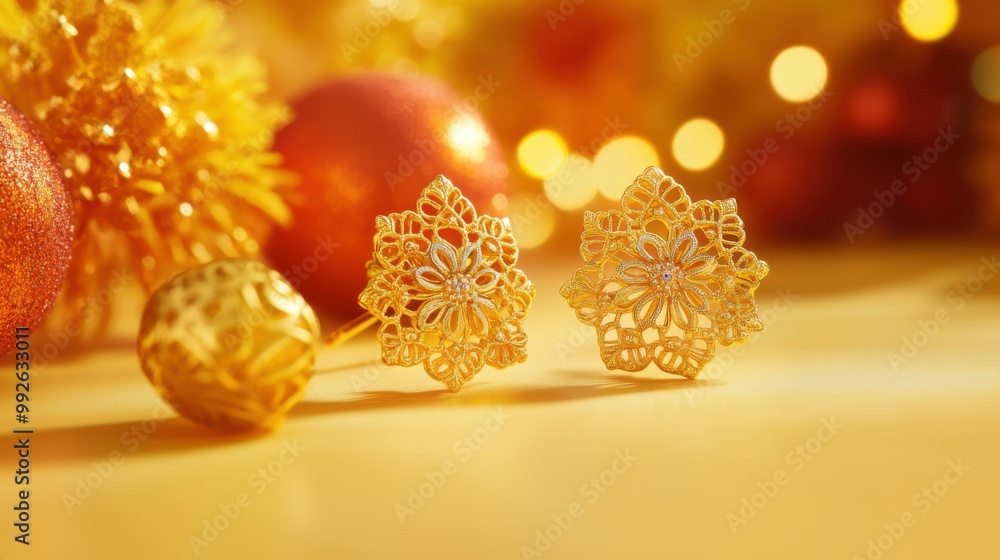 Golden earrings with intricate filigree design, placed on a pastel yellow backdrop with festive decorations, copy space, happy Diwali background, traditional, Indian festival. Golden earrings with intricate filigree design, placed on a pastel yellow backdrop with festive decorations, copy space, happy Diwali background, traditional, Indian festival.