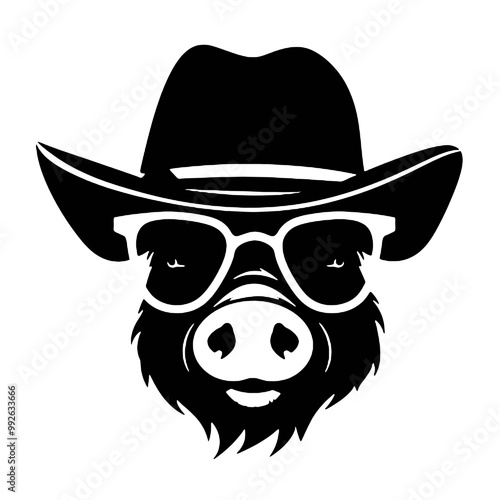 A pig wearing glasses and a hat , silhouette vector illustration transparent background 