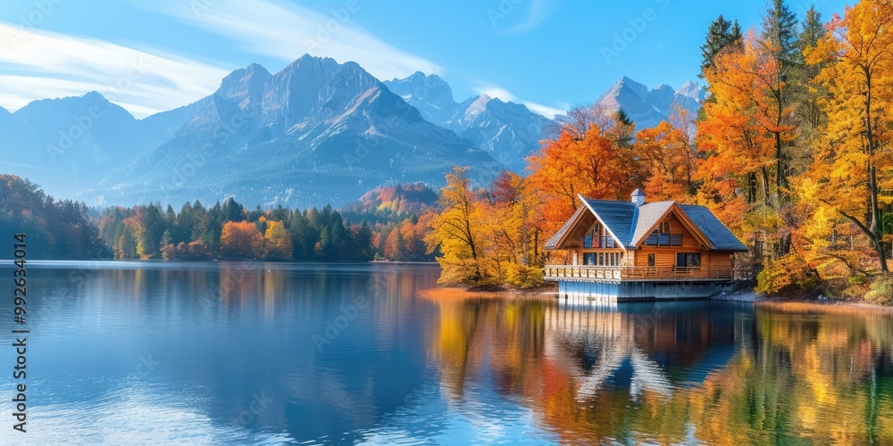 A tranquil autumn day with a wooden house by a calm lake, surrounded by trees in full fall color, with mountains in the background under a bright, sunny sky. A tranquil autumn day with a wooden house by a calm lake, surrounded by trees in full fall color, with mountains in the background under a bright, sunny sky.