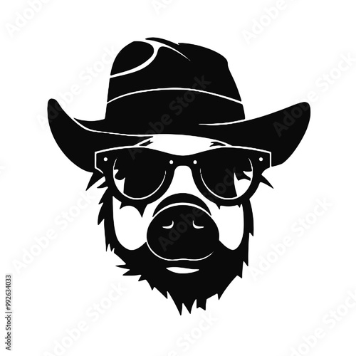 A pig wearing glasses and a hat , silhouette vector illustration transparent background 