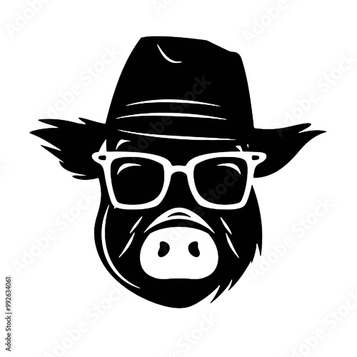 A pig wearing glasses and a hat , silhouette vector illustration transparent background 