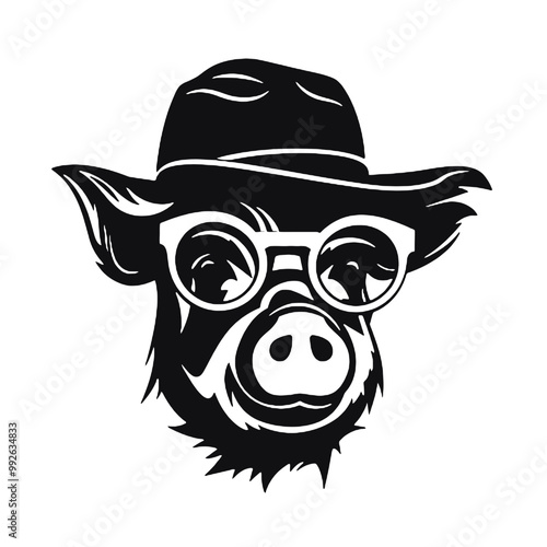 A pig wearing glasses and a hat , silhouette vector illustration transparent background 