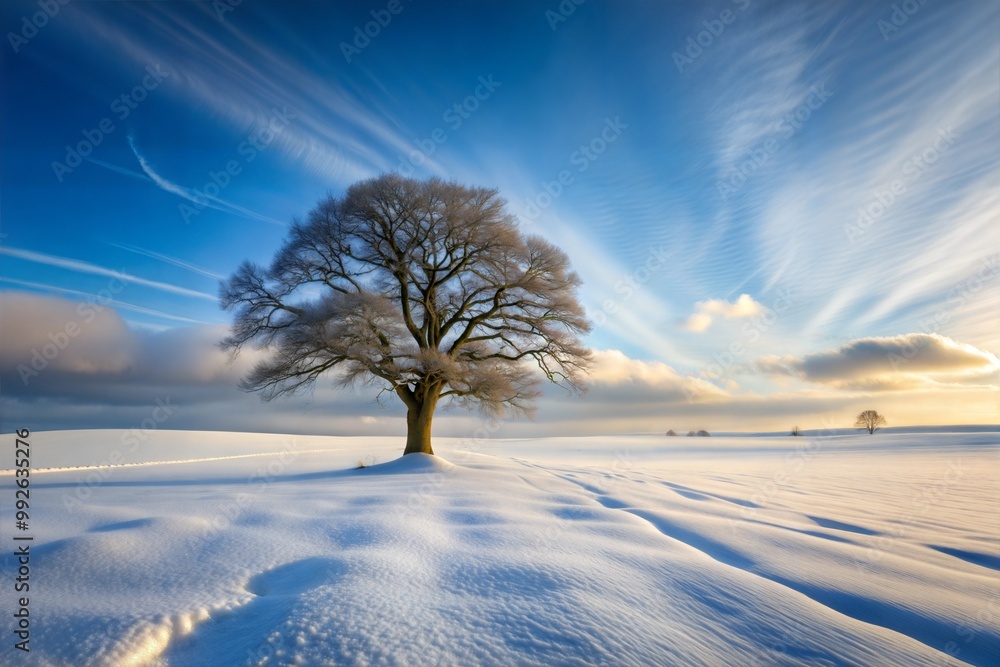 Lone tree in snow-covered field with blue sky Lone tree in snow-covered field with blue sky