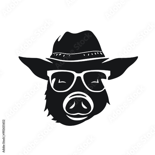 A pig wearing glasses and a hat - silhouette vector illustration transparent background 