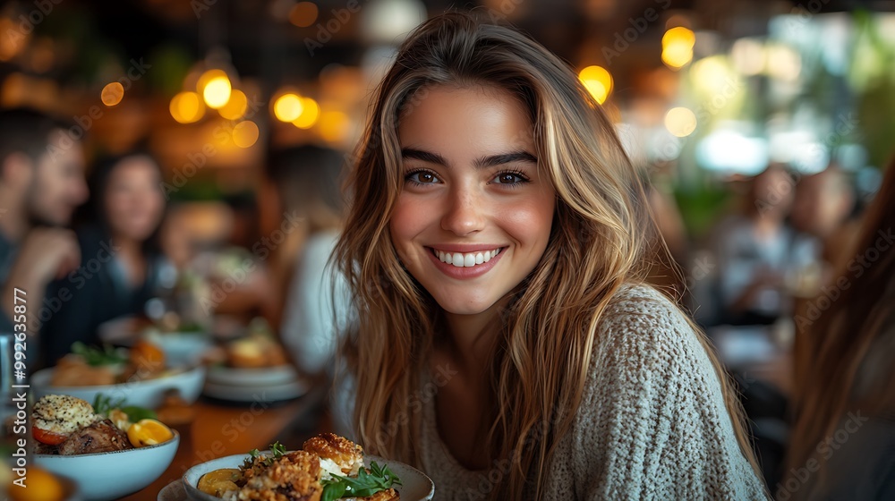 A young woman surrounded by friends and brunch plates smiles at her smartphone, set against the backdrop of a stylish café. The warm lighting and delicious food create a cozy and social atmosphere. A young woman surrounded by friends and brunch plates smiles at her smartphone, set against the backdrop of a stylish café. The warm lighting and delicious food create a cozy and social atmosphere.