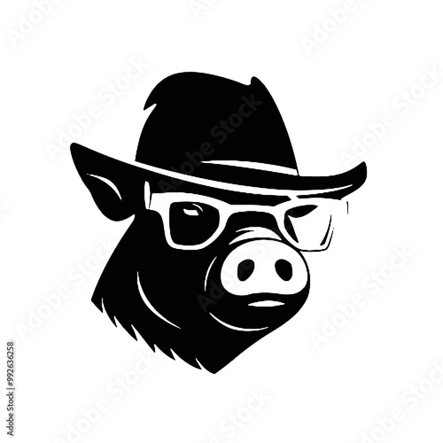 A pig wearing glasses and a hat - silhouette vector illustration transparent background 