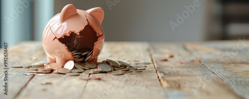 A broken piggy bank spilling coins onto a wooden table, symbolizing financial struggle and the need for savings. photo