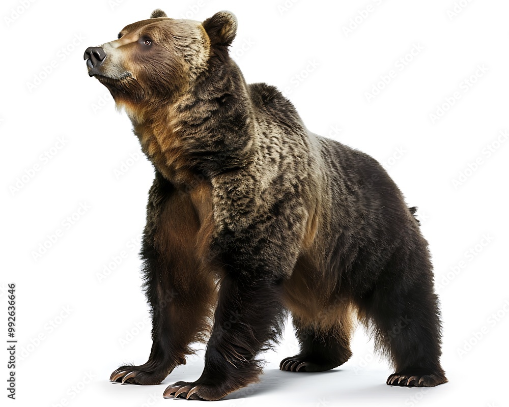 Fototapeta premium A powerful grizzly bear standing on its hind legs its thick fur and sharp claws highlighted against a plain white background