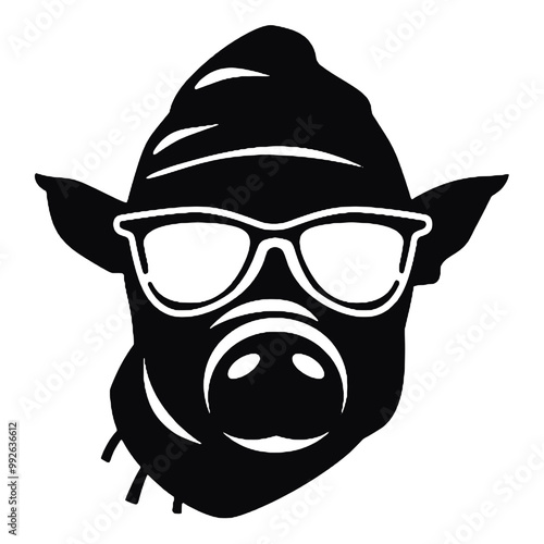 A pig wearing glasses and a hat - silhouette vector illustration transparent background 