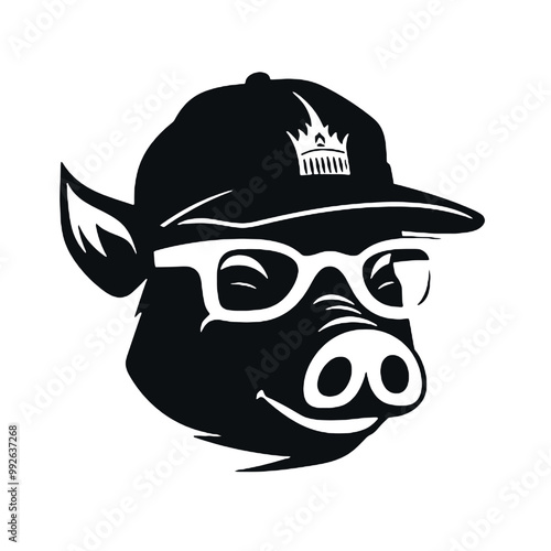  cartoon pig wearing glasses looks at the camera- logo silhouette vector illustration