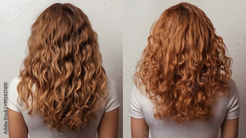 Honey-treated curly hair before and after, emphasizing frizz reduction and curl definition, side-by-side view, Photorealistic, Soft Lighting