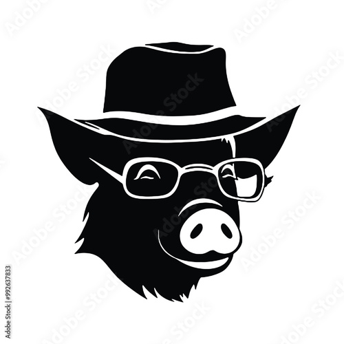  cartoon pig wearing glasses looks at the camera- logo silhouette vector illustration