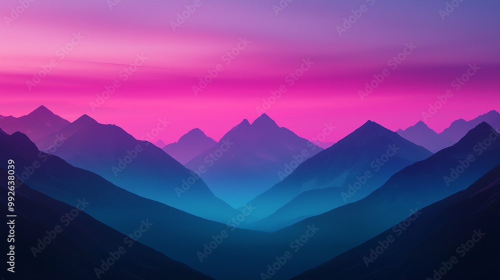 Distant mountain range under a sky of deep purples and blues, wideangle shot, mist in the valleys, soft glow, serene and majestic Distant mountain range under a sky of deep purples and blues, wideangle shot, mist in the valleys, soft glow, serene and majestic
